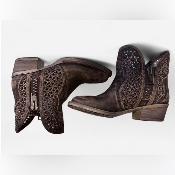Corral Shoes - Women's Brown Perforated Leather Ankle Boots with Side Zip